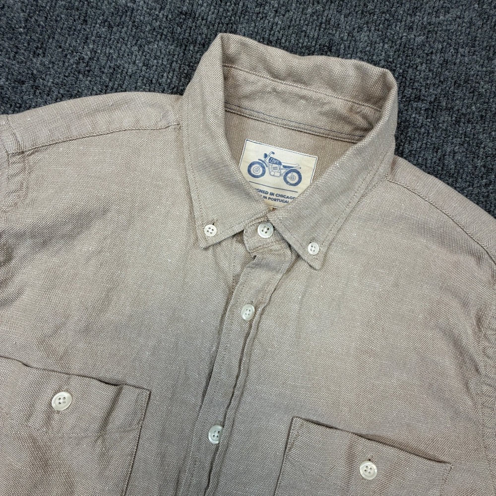 Mugsy‎ Button Up Shirt Mens Medium Tan Cotton Blend Stretch Made in Portugal